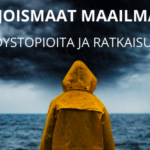 Hahmo keltaisessa sadetakissa katsoo myrskyisälle merelle