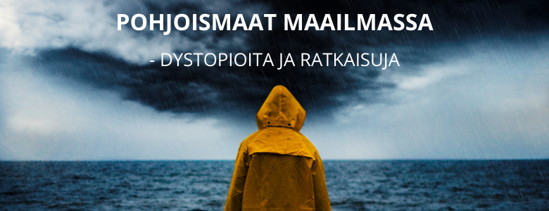 Hahmo keltaisessa sadetakissa katsoo myrskyisälle merelle